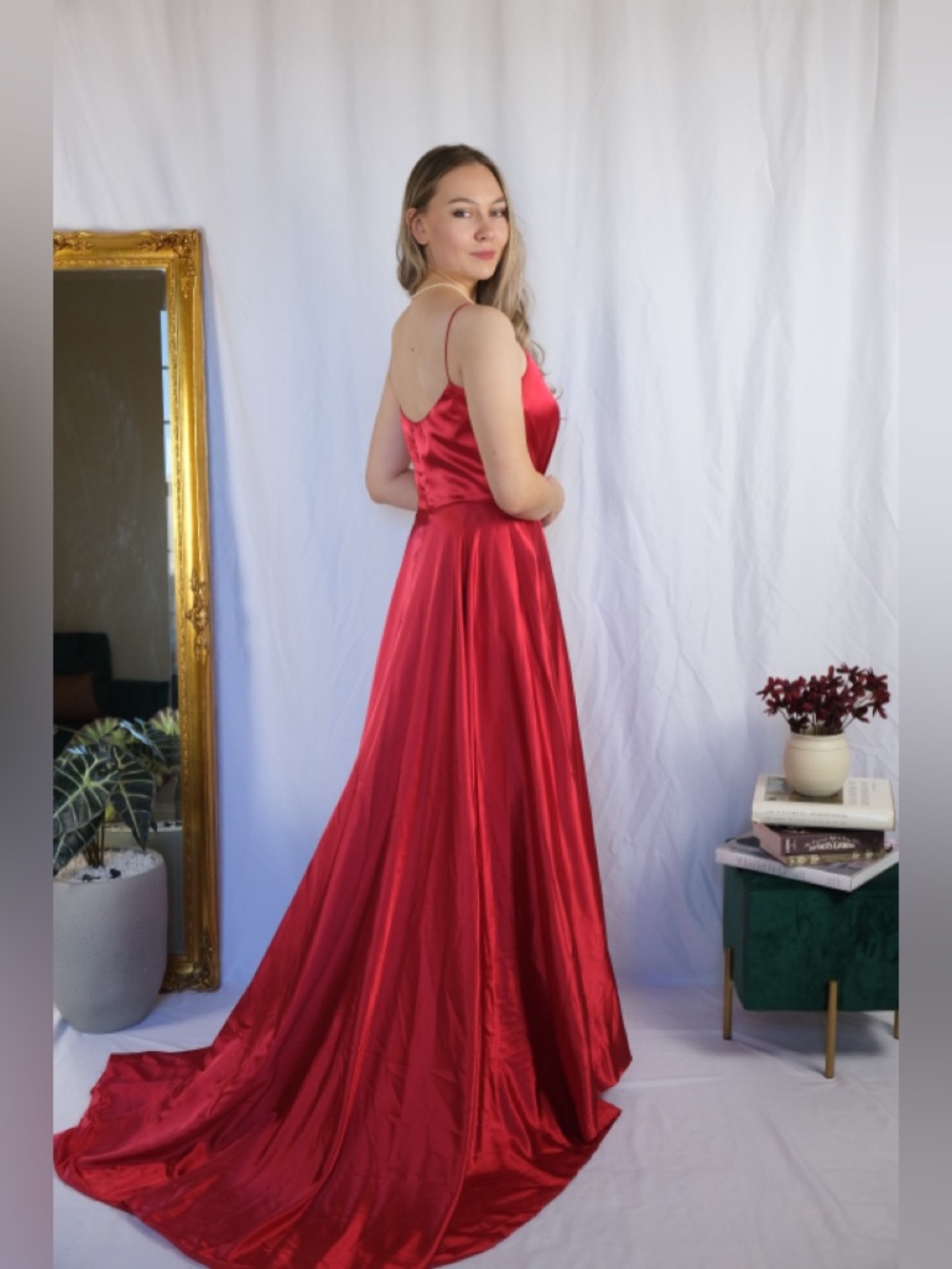 Sherri Hill Red Satin Cowl-Back Prom Gown